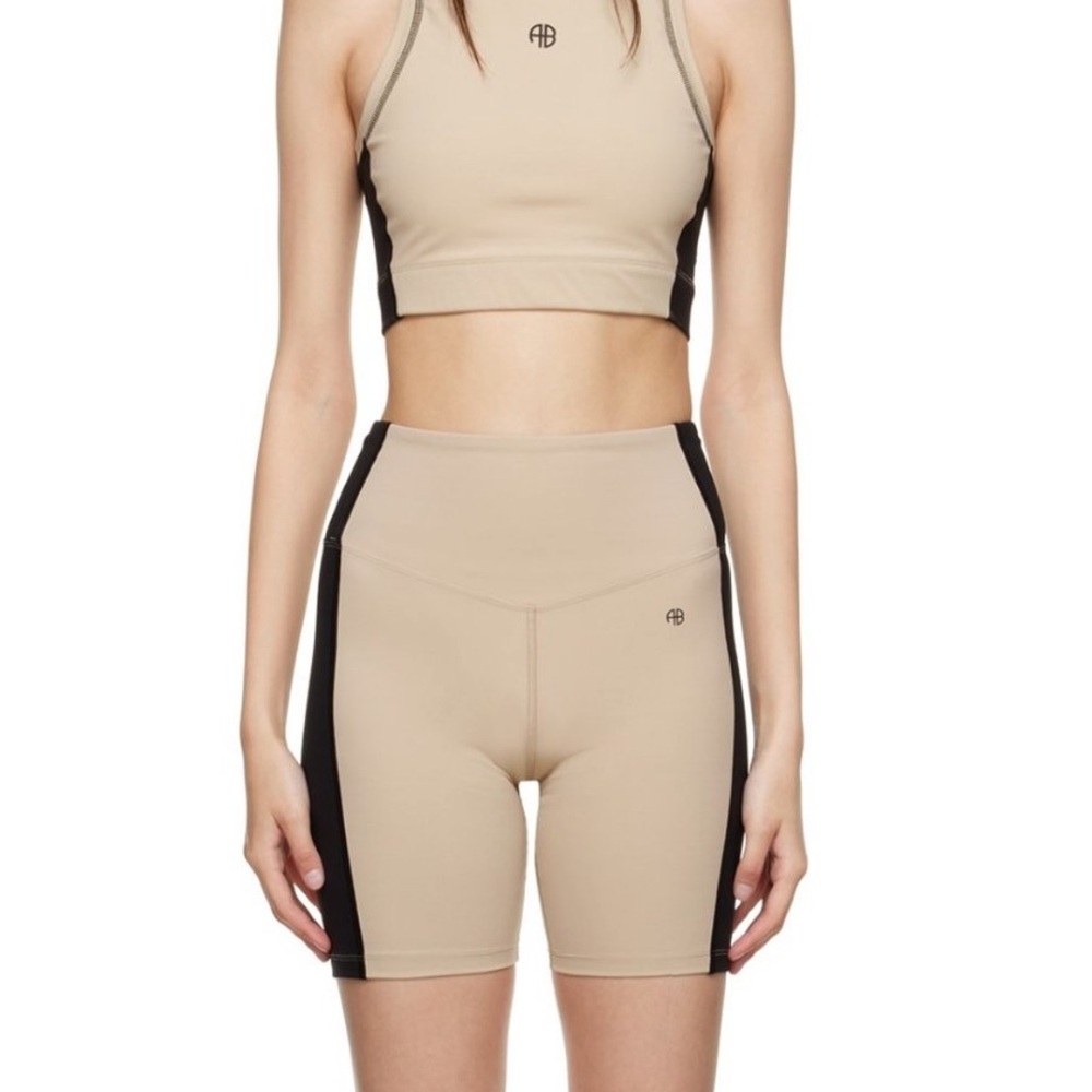 Anine Bing Sport Blake Biker Shorts, Neutral Tan Black, Side Racing Stripe, XS
